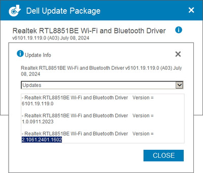 Realtek RTL8851BE Bluetooth Adapter drivers version 2.1061.2401.1602